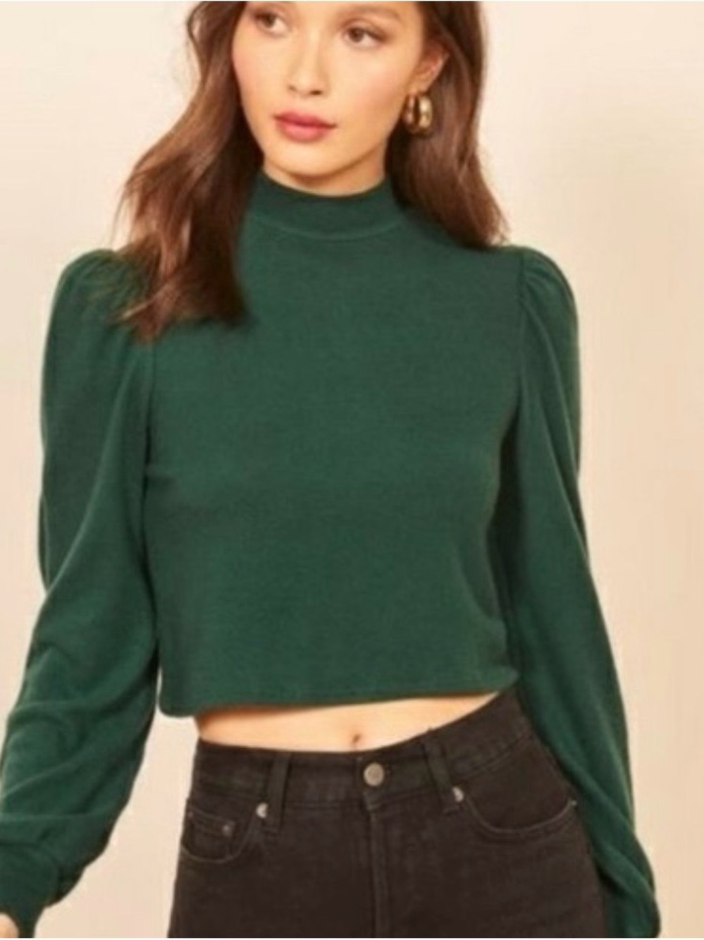 Reformation Deep Green Mock-Neck Puff-Sleeve Cropped Top
